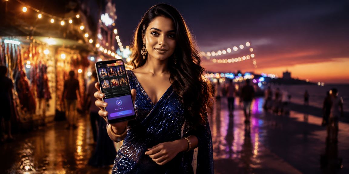 Teen Patti player using mobile phone in a colorful Chennai night market