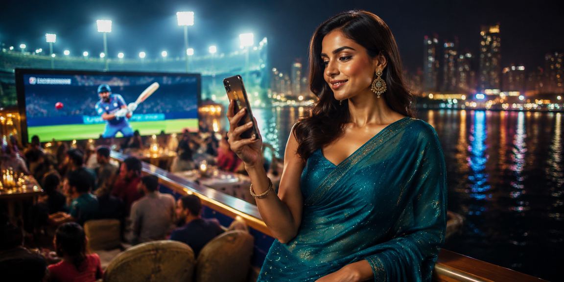 Woman watching cricket and betting on mobile in India